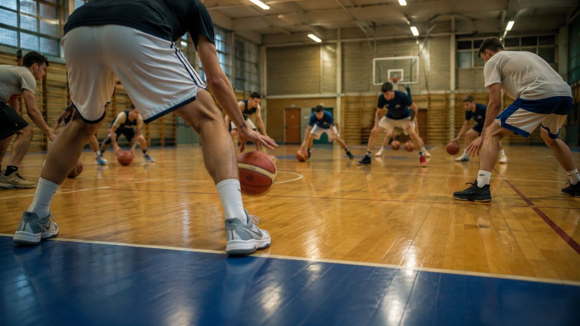 Giocatori che palleggiano in movimento durante il riscaldamento di un allenamento di pallacanestro