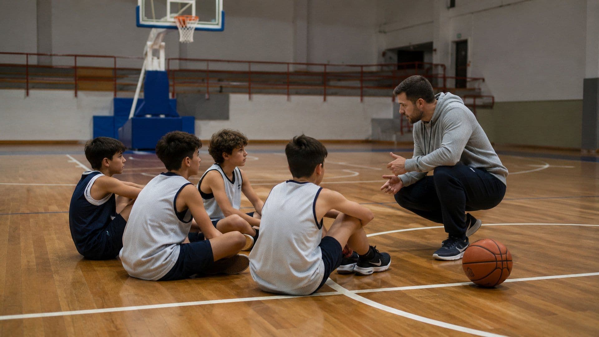 Allenatore accovacciato che parla a quattro giovani giocatori seduti sul parquet durante un allenamento